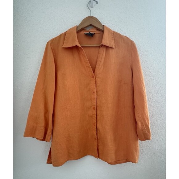 Style&Co Linen Button Up Womens 12 Orange Kimono‎ Sleeve Casual Lagenlook READ - Picture 1 of 11